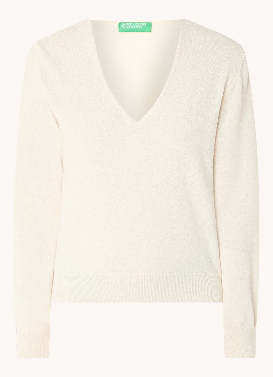 Benetton Fijngebreide pullover van scheerwol met V-hals - voorkant 3 creme