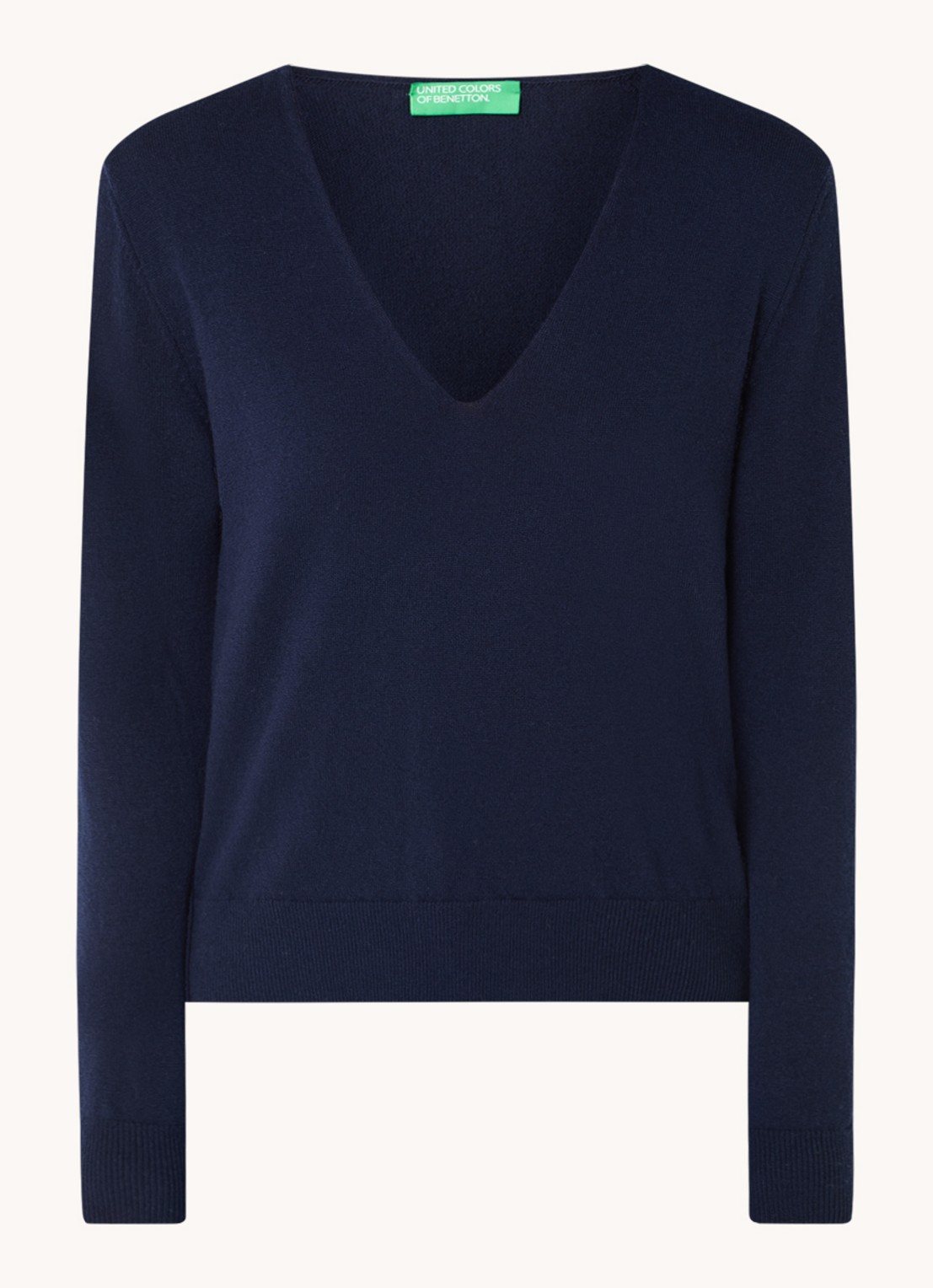Benetton Fijngebreide pullover van scheerwol met V-hals - voorkant blauw