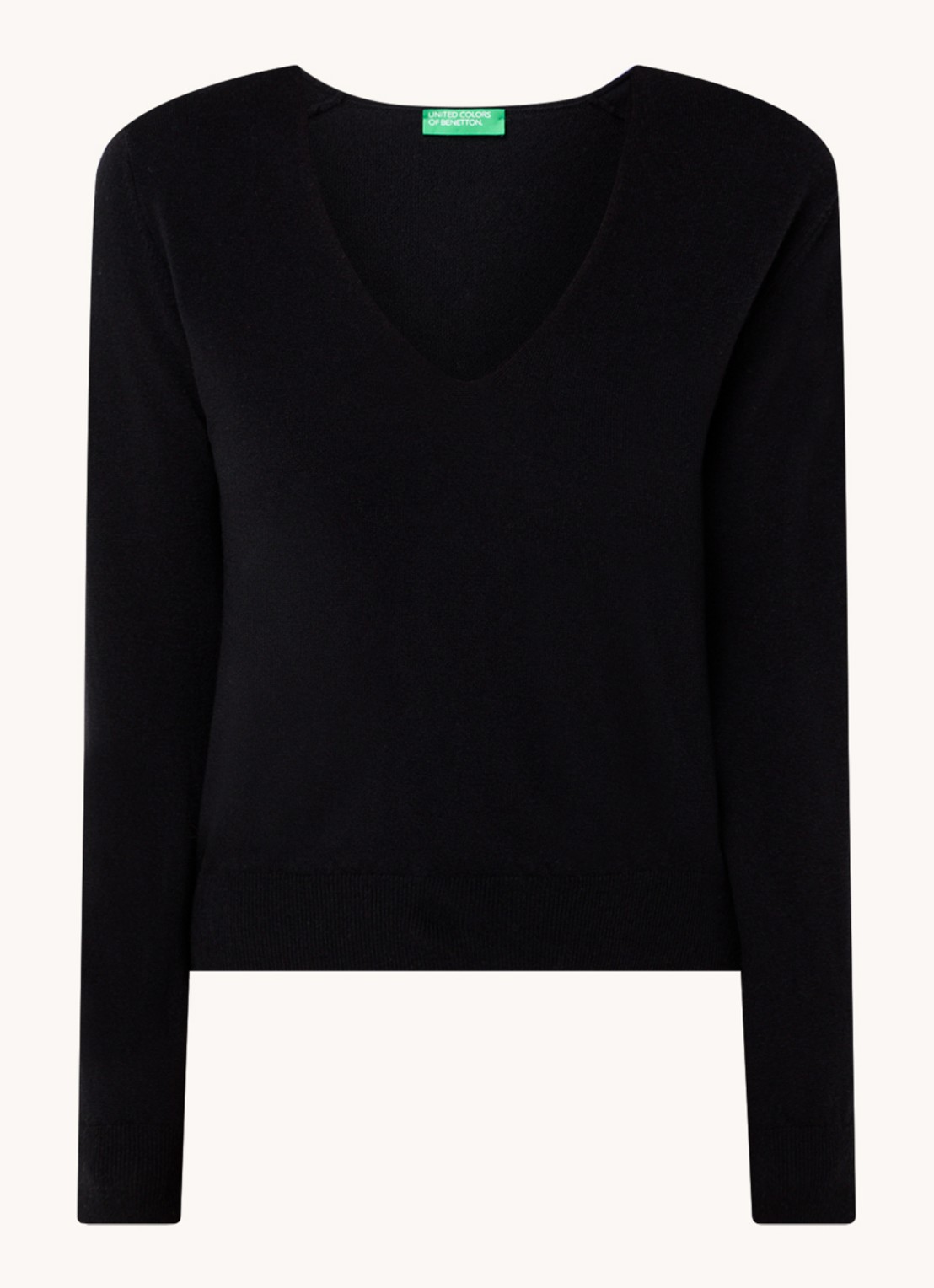 Benetton Fijngebreide pullover van scheerwol met V-hals - voorkant 2 zwart