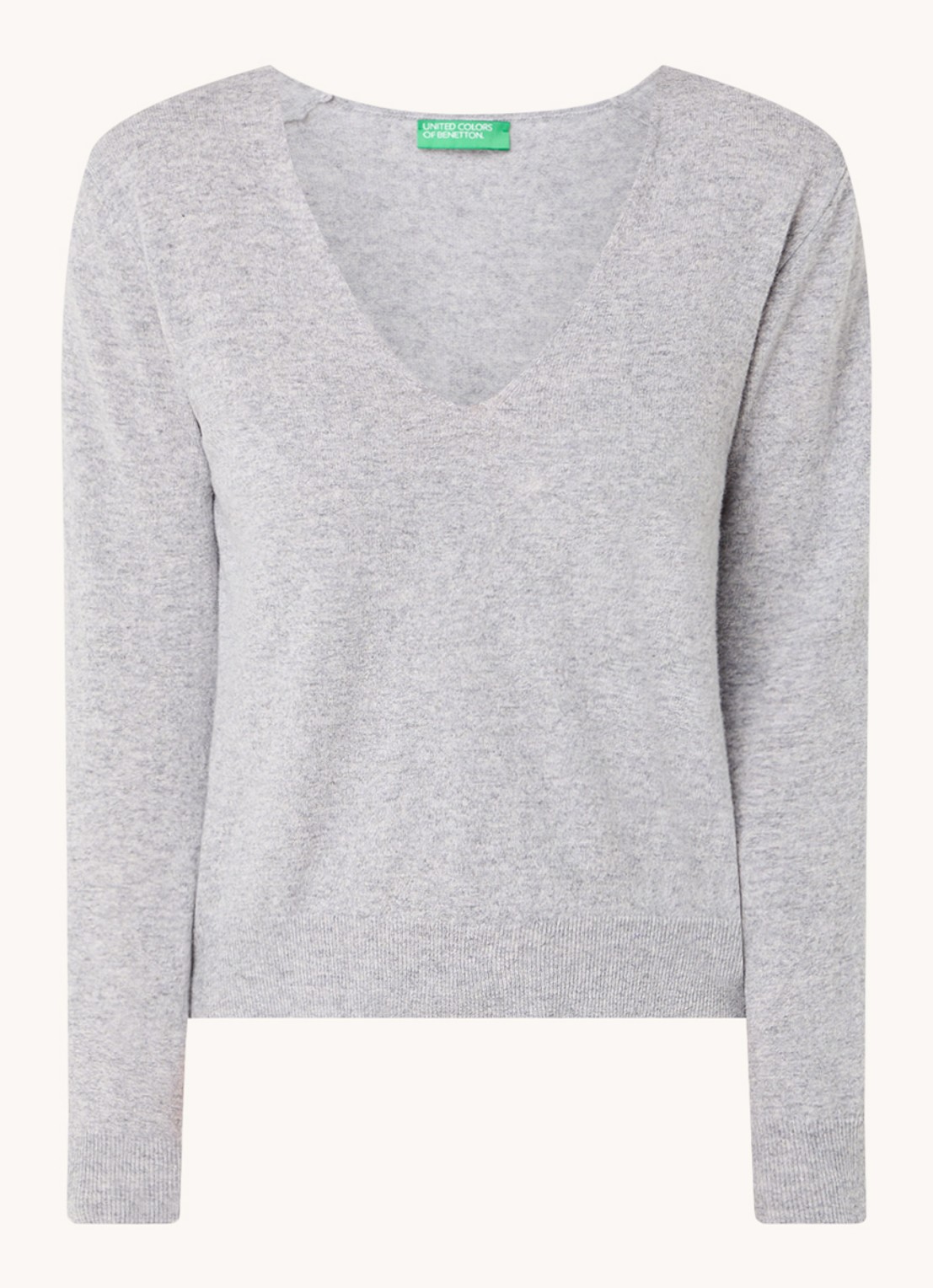 Benetton Fijngebreide pullover van scheerwol met V-hals - voorkant 2 grijsmele
