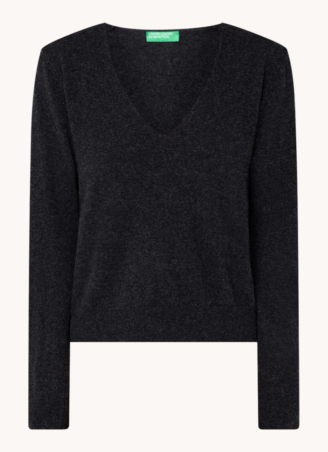 Benetton Fijngebreide pullover van scheerwol met V-hals - voorkant antraciet