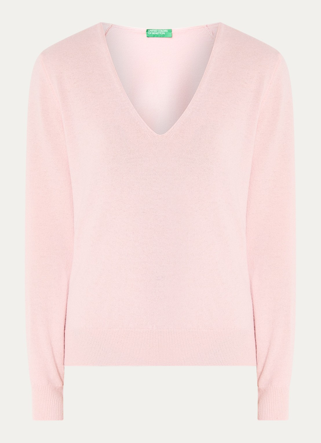 Benetton Fijngebreide pullover van scheerwol met V-hals - voorkant zalmroze