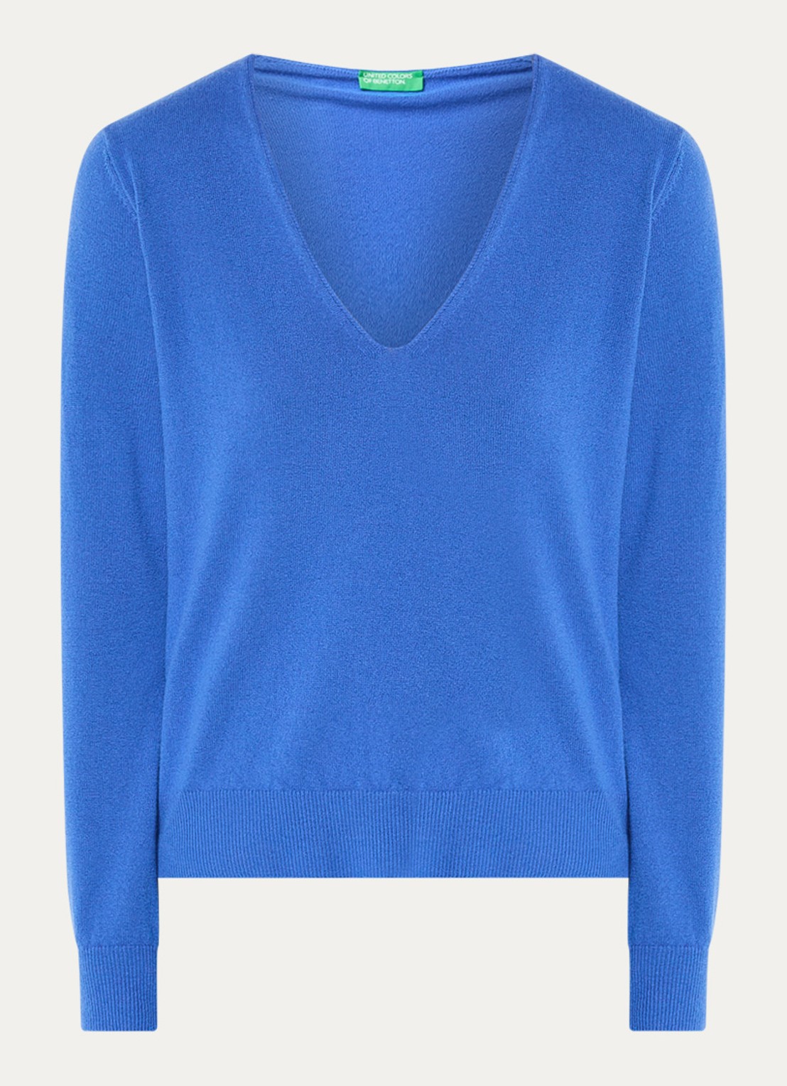 Benetton Fijngebreide pullover van scheerwol met V-hals - voorkant 3 blauw