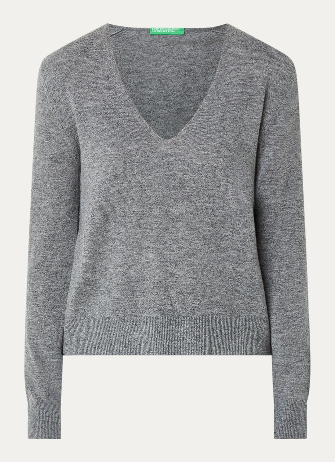 Benetton Fijngebreide pullover van scheerwol met V-hals - voorkant 2 middengrijs