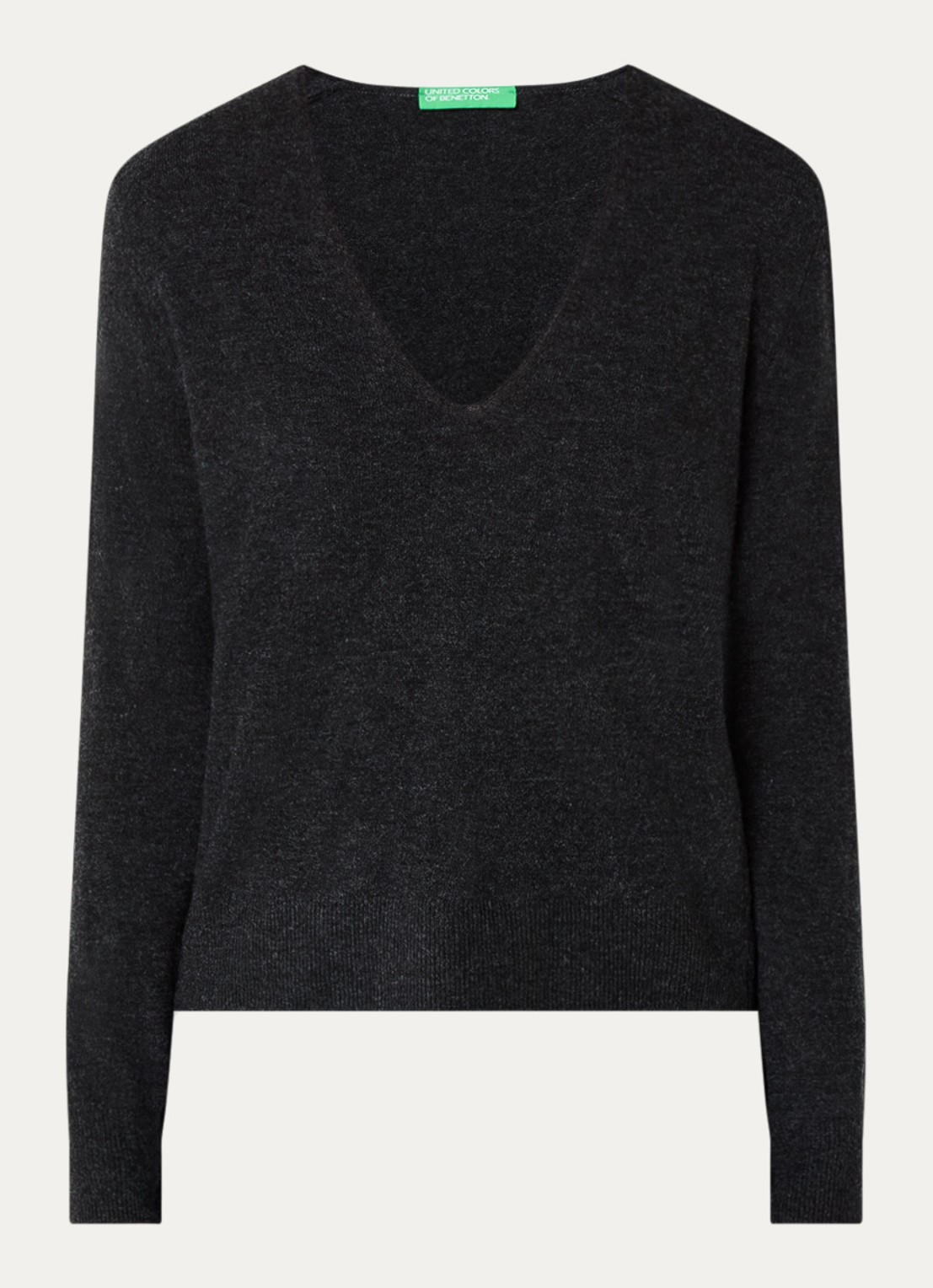 Benetton Fijngebreide pullover van scheerwol met V-hals - voorkant 3 donkergrijs