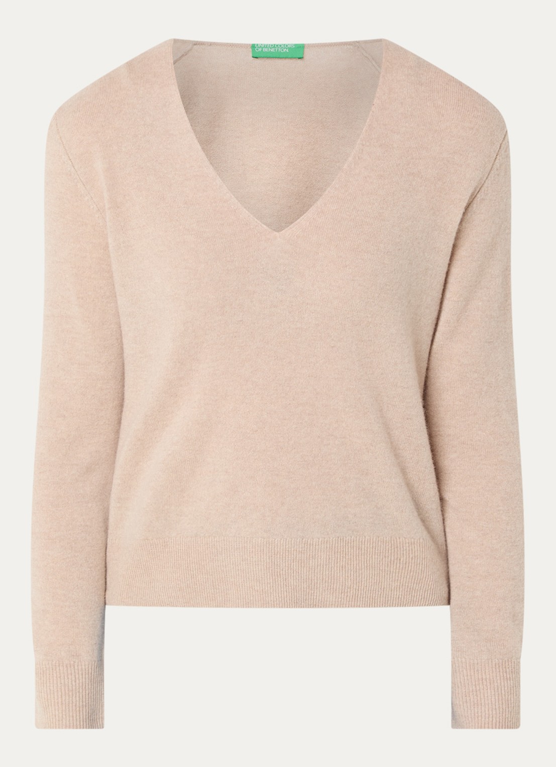 Benetton Fijngebreide pullover van scheerwol met V-hals - voorkant camel