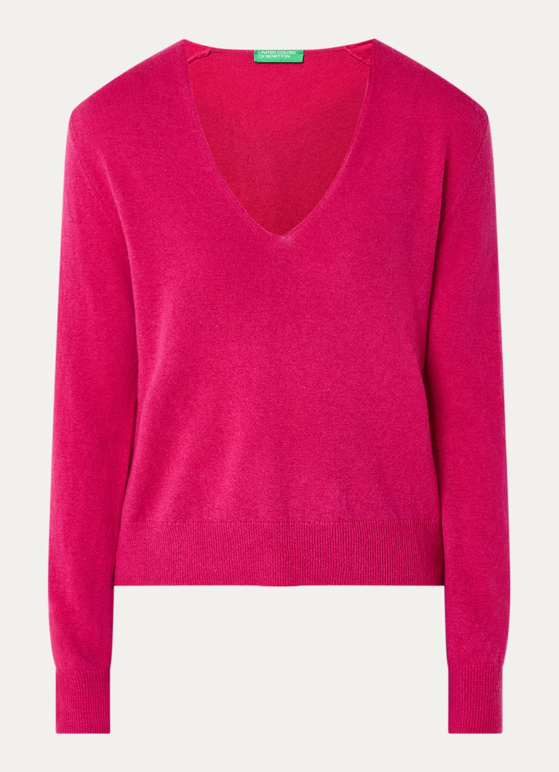Benetton Fijngebreide pullover van scheerwol met V-hals - voorkant 2 fuchsia