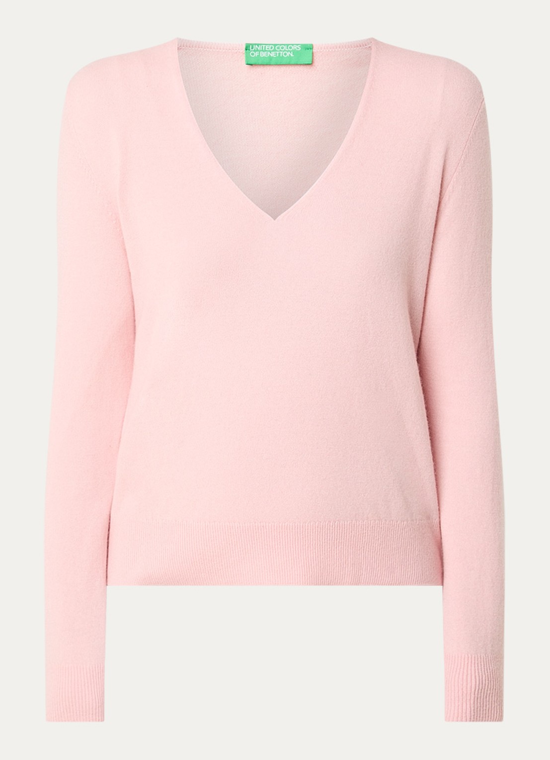 Benetton Fijngebreide pullover van scheerwol met V-hals - voorkant 5 lichtroze