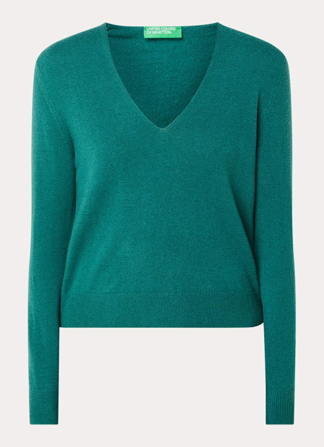Benetton Fijngebreide pullover van scheerwol met V-hals - voorkant 2 donkergroen