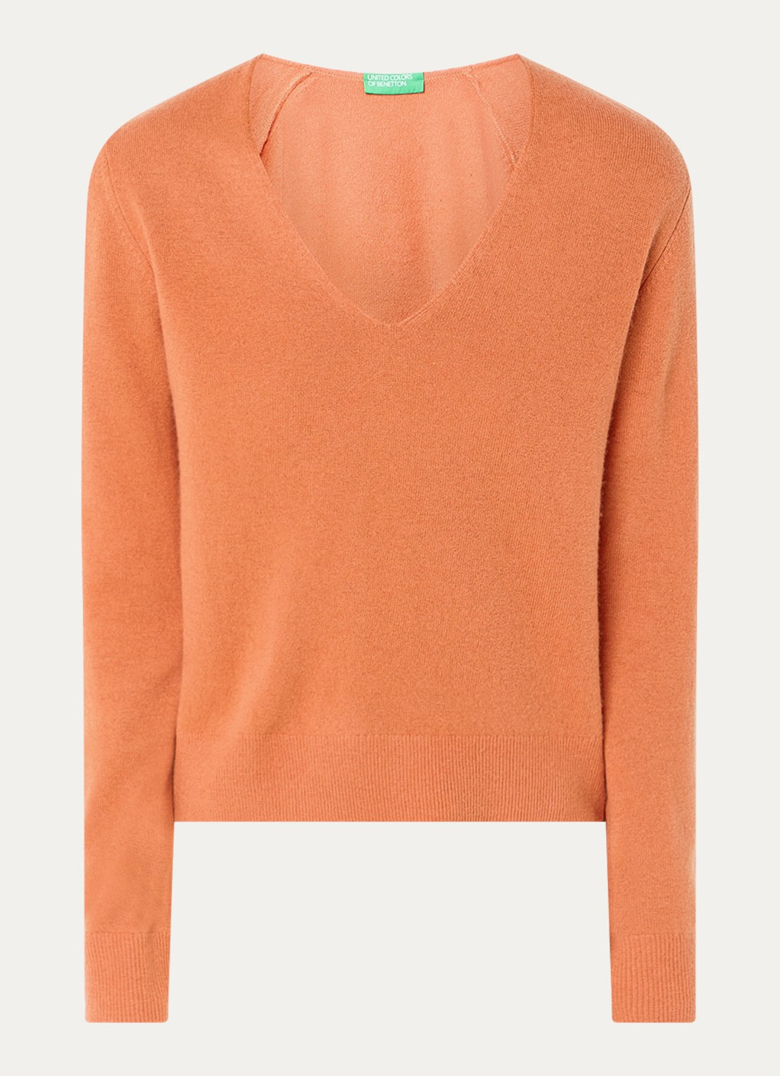 Benetton Fijngebreide pullover van scheerwol met V-hals - voorkant 2 oranje