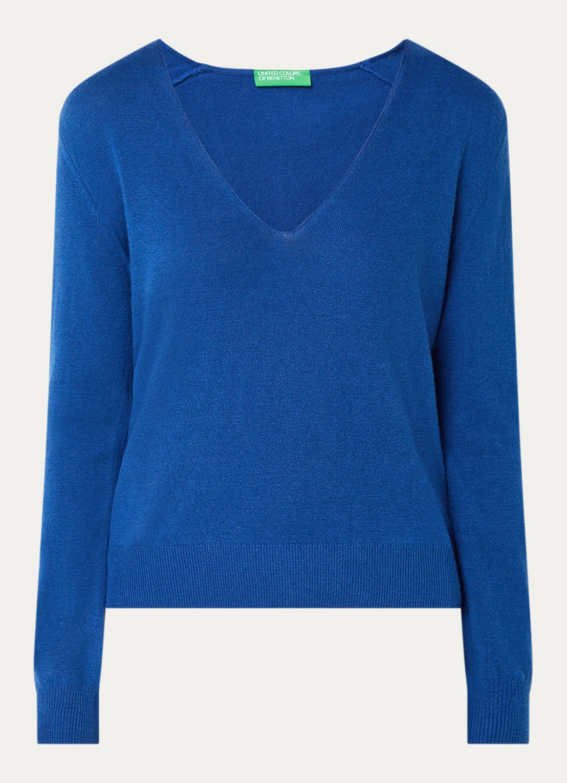 Benetton Fijngebreide pullover van scheerwol met V-hals - voorkant kobaltblauw