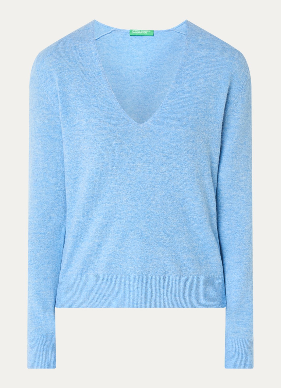 Benetton Fijngebreide pullover van scheerwol met V-hals - voorkant 2 lichtblauw