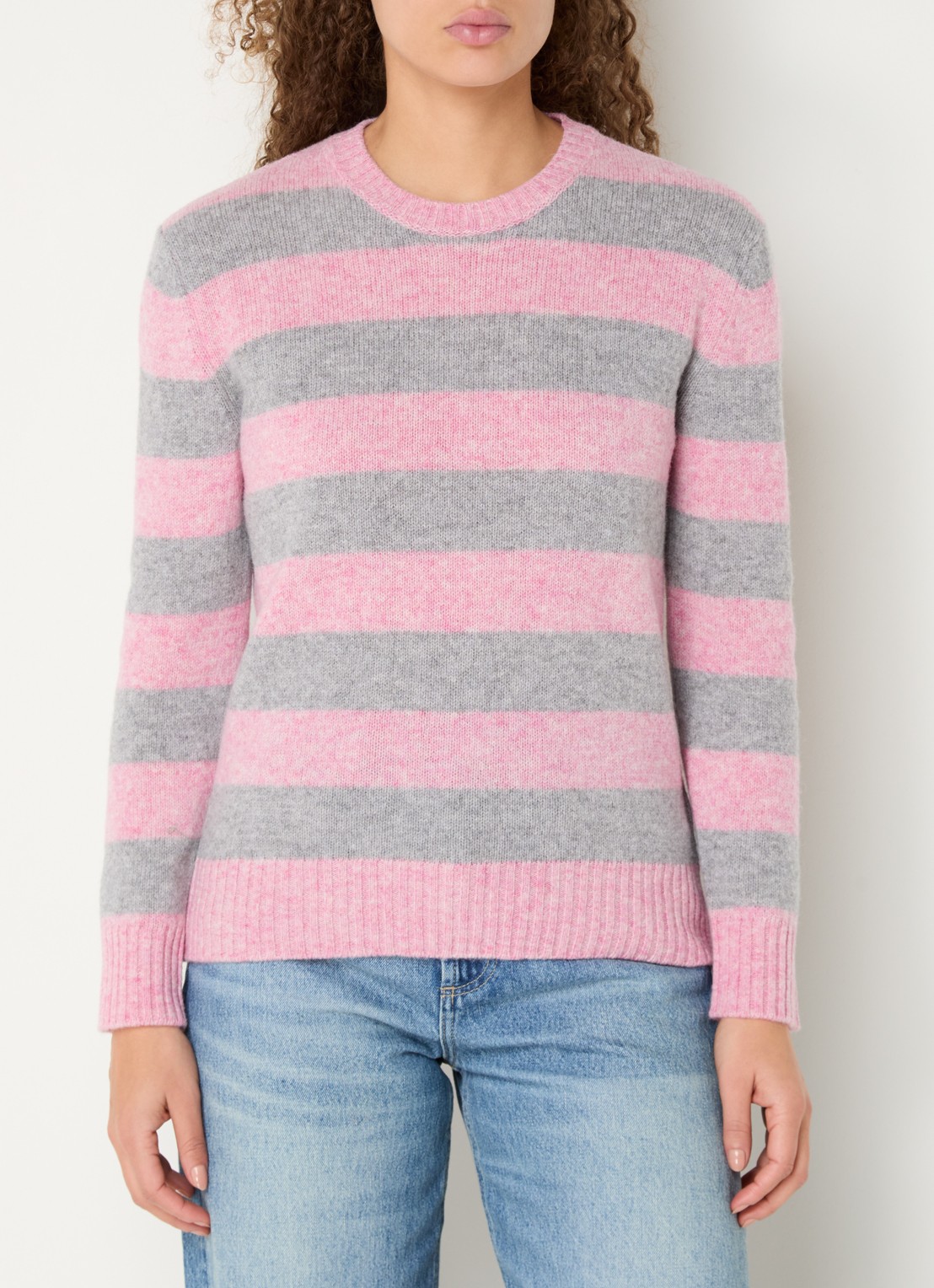 Benetton Fijngebreide pullover van wol met streepprint - detail 4 lichtroze