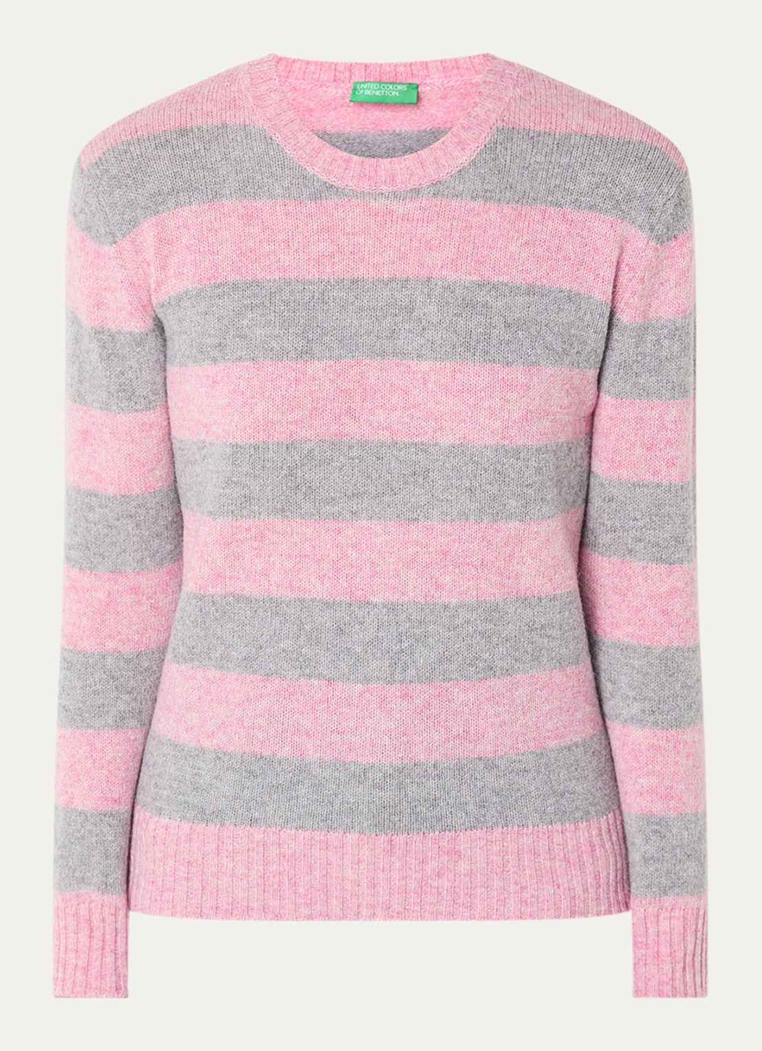Benetton Fijngebreide pullover van wol met streepprint - voorkant lichtroze