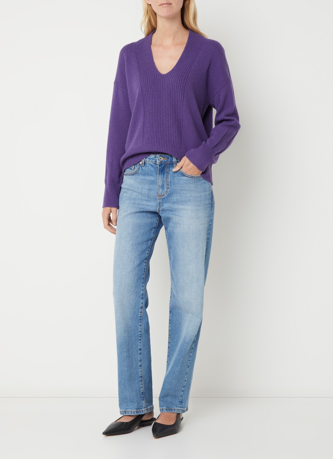 Benetton Fijngebreide trui in wolblend met col - voorkant 3 violet