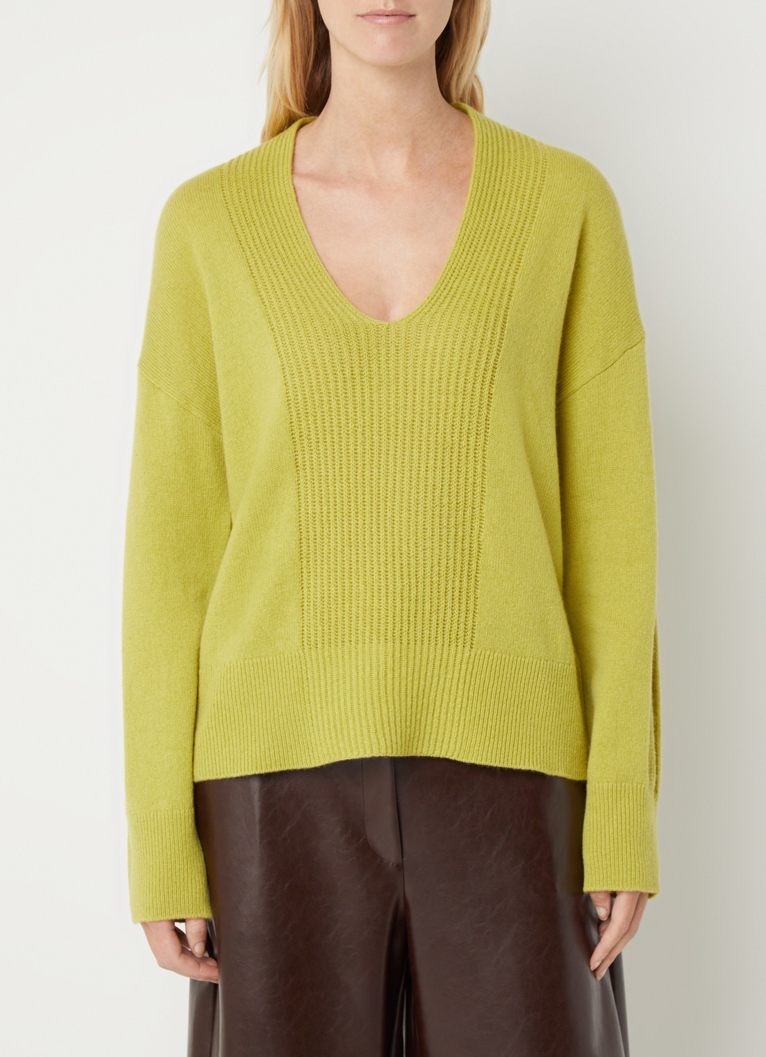 Benetton Fijngebreide trui in wolblend met col - detail lime