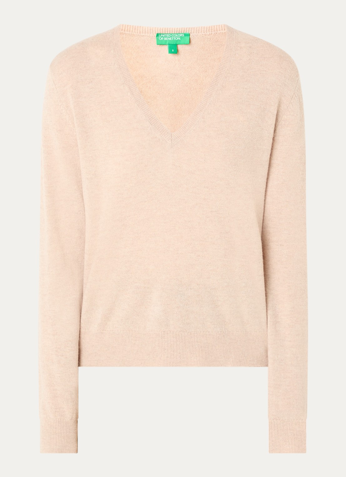 Benetton Fijngebreide trui van wol met V-hals - voorkant 3 beige
