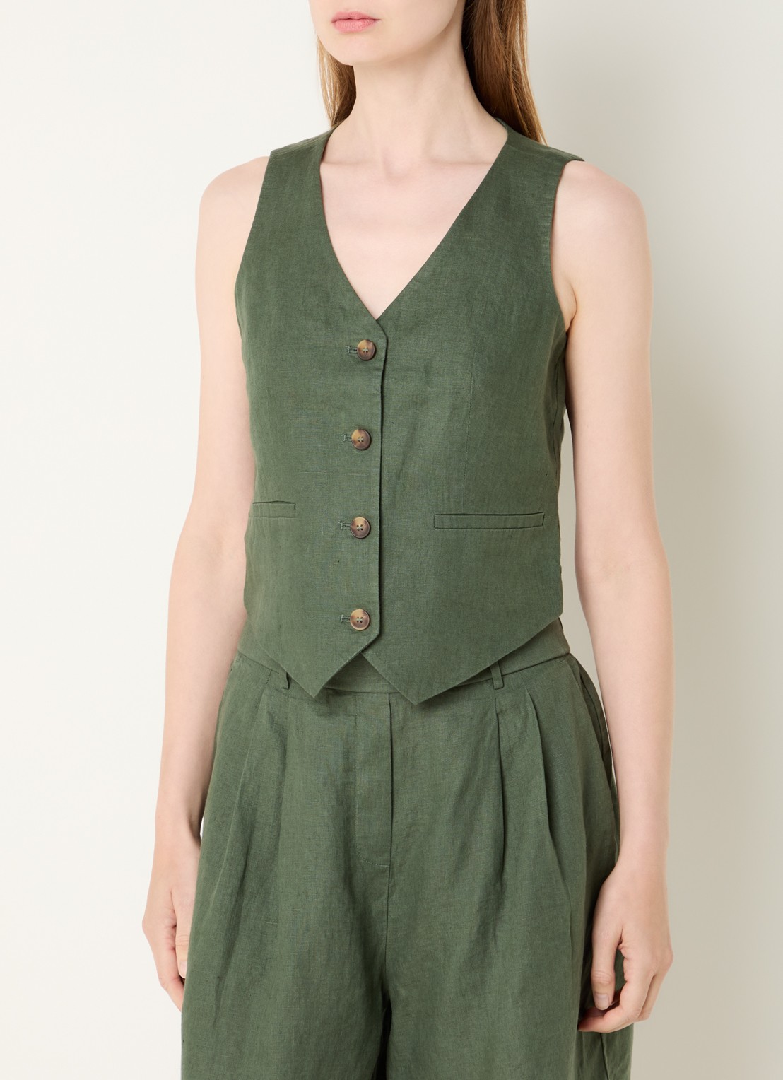 Benetton Gilet van linnen met paspelzakken - detail 3 groen