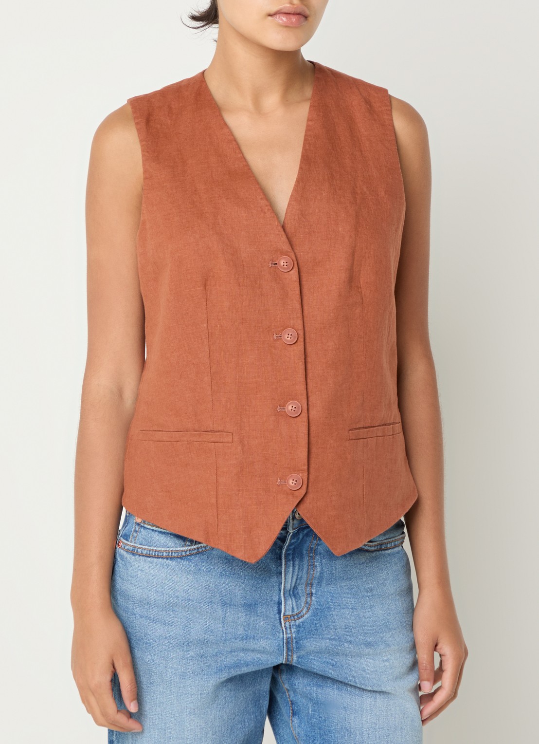 Benetton Gilet van linnen - detail 4 oranjebruin