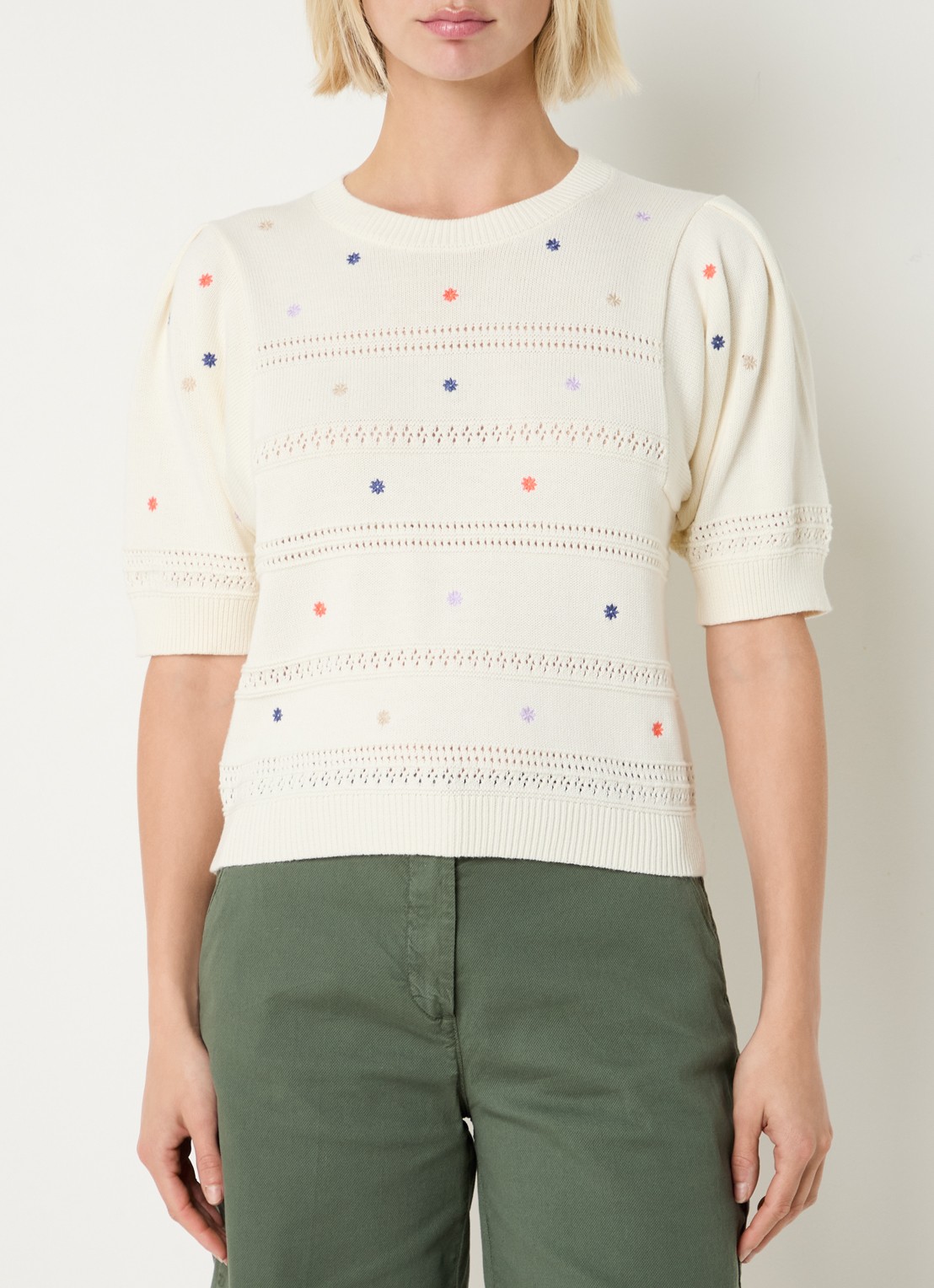 Benetton Grofgebreide pullover met borduring - detail 4 creme