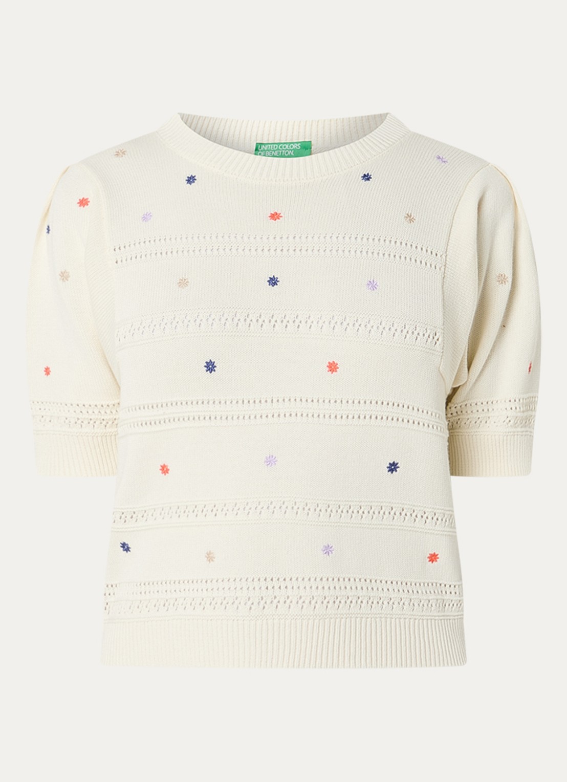 Benetton Grofgebreide pullover met borduring - voorkant 2 creme