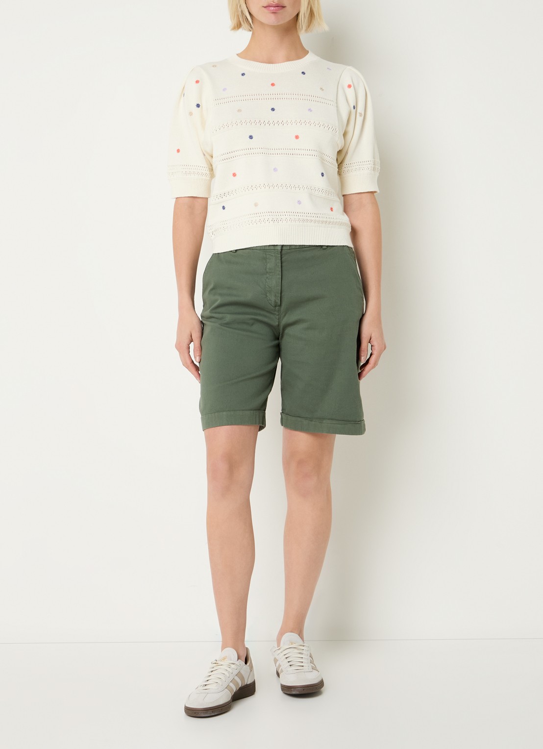 Benetton Grofgebreide pullover met borduring - voorkant 3 creme