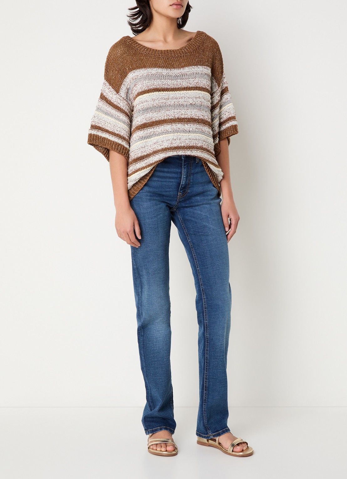 Benetton Grofgebreide trui met streepprint en lurex - voorkant 2 bruin