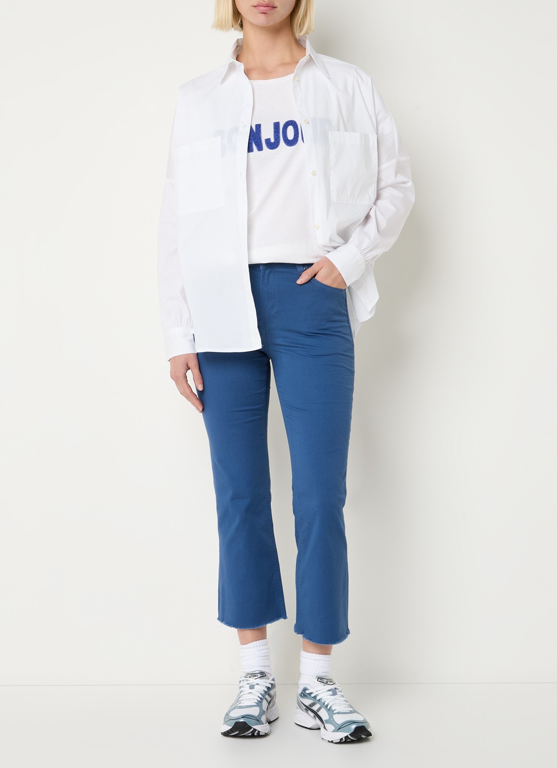 Benetton High waist cropped bootcut jeans met gekleurde wassing - voorkant 5 staalblauw