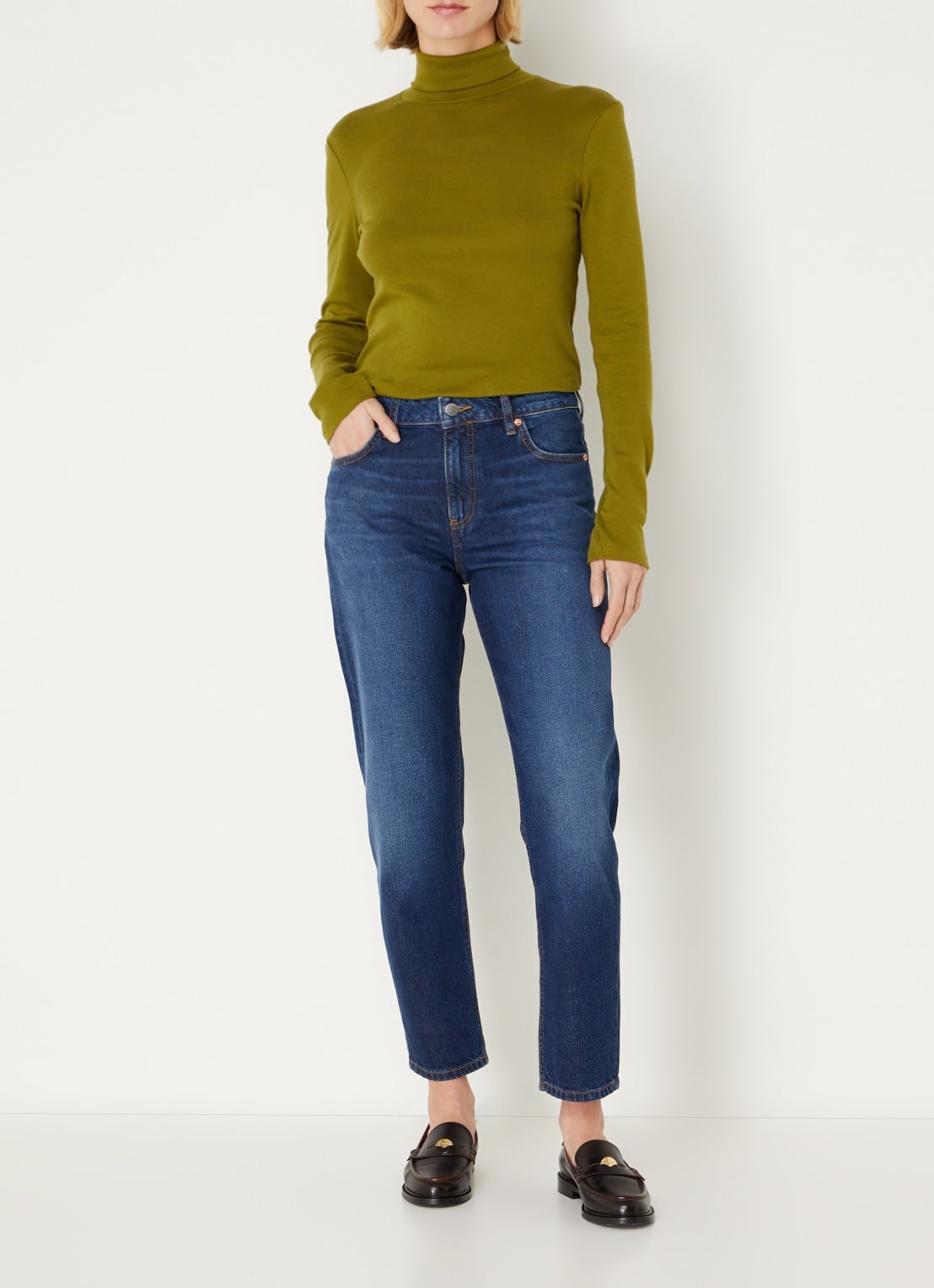 Benetton High waist cropped straight leg jeans met medium wassing - voorkant 5 indigo