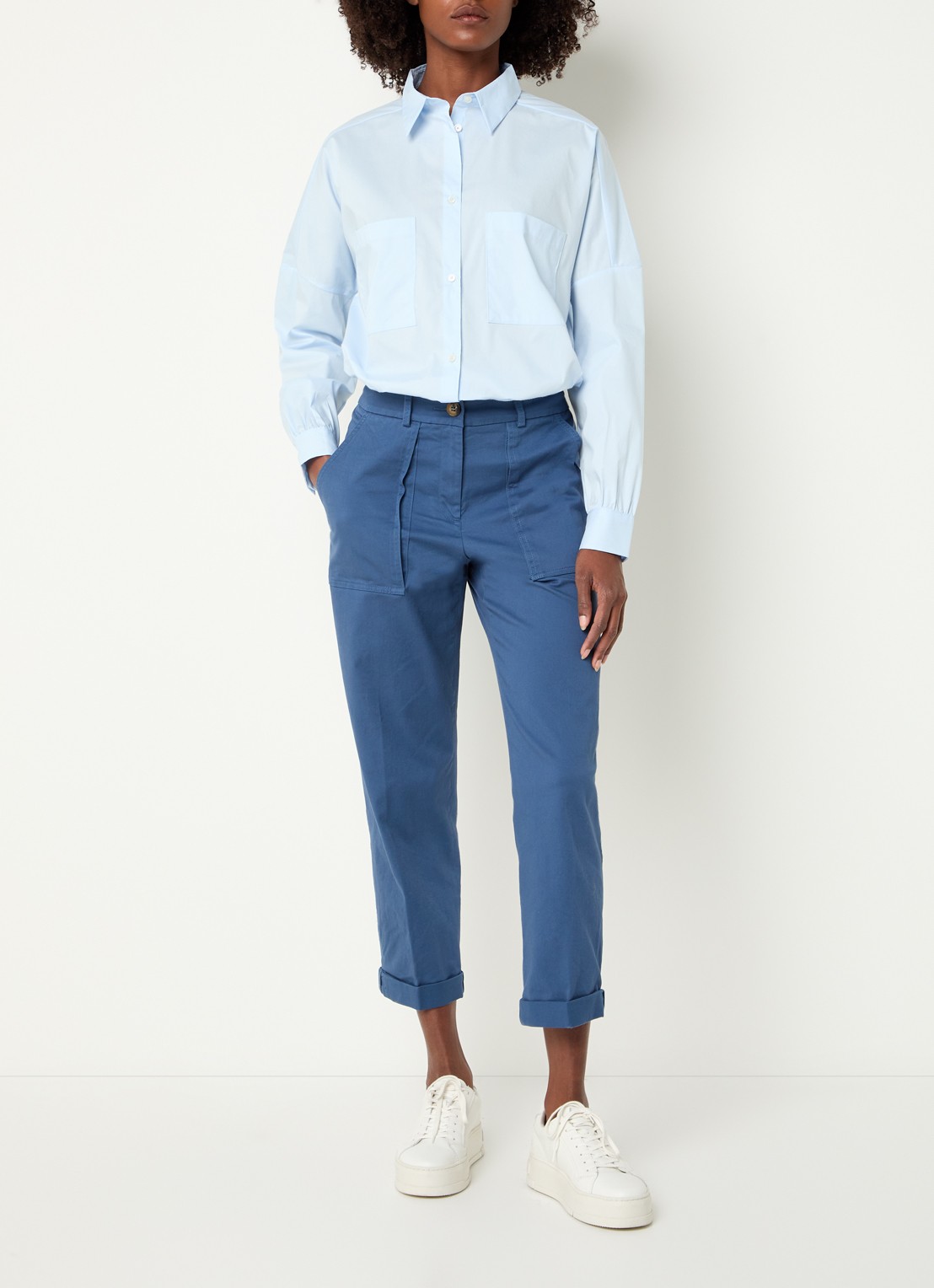 Benetton High waist cropped tapered fit broek met opgestikte zakken - voorkant 3 petrol
