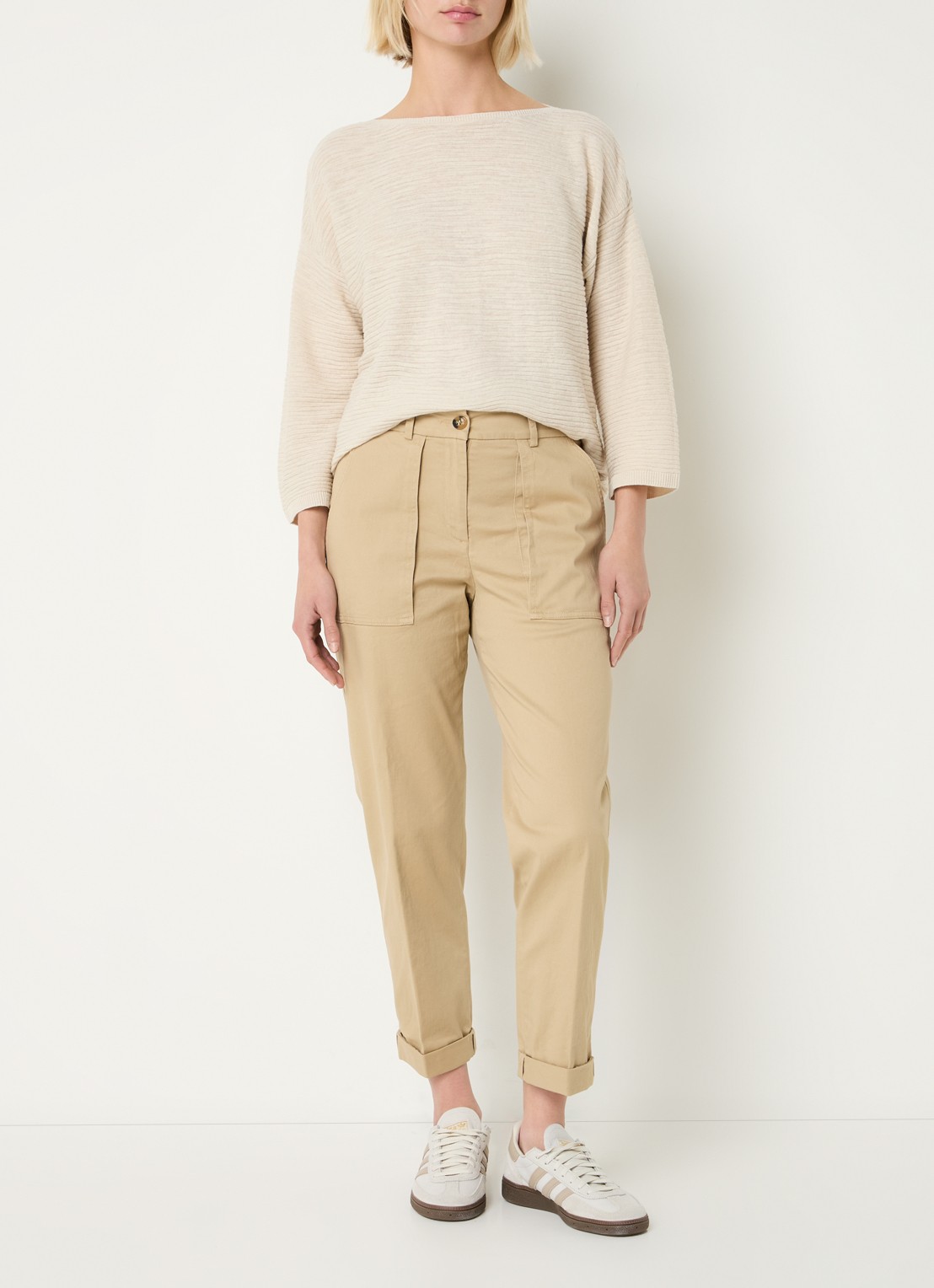 Benetton High waist cropped tapered fit broek met opgestikte zakken - voorkant 2 khaki