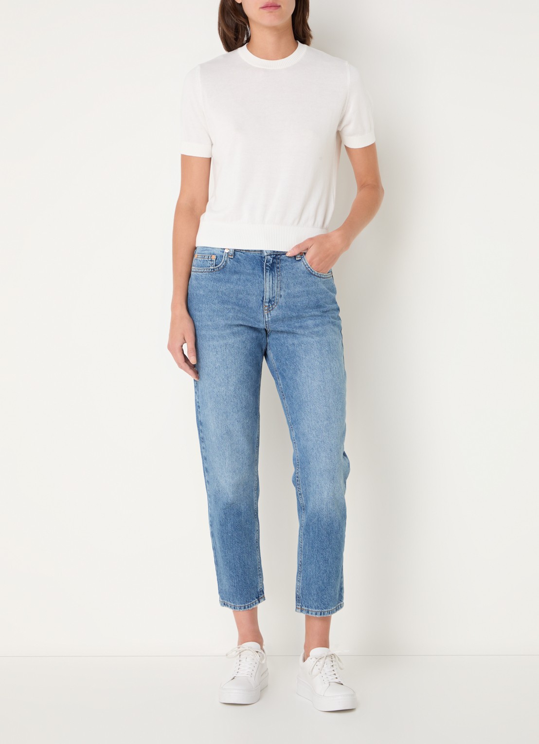 Benetton High waist cropped tapered fit jeans - voorkant 5 blauw