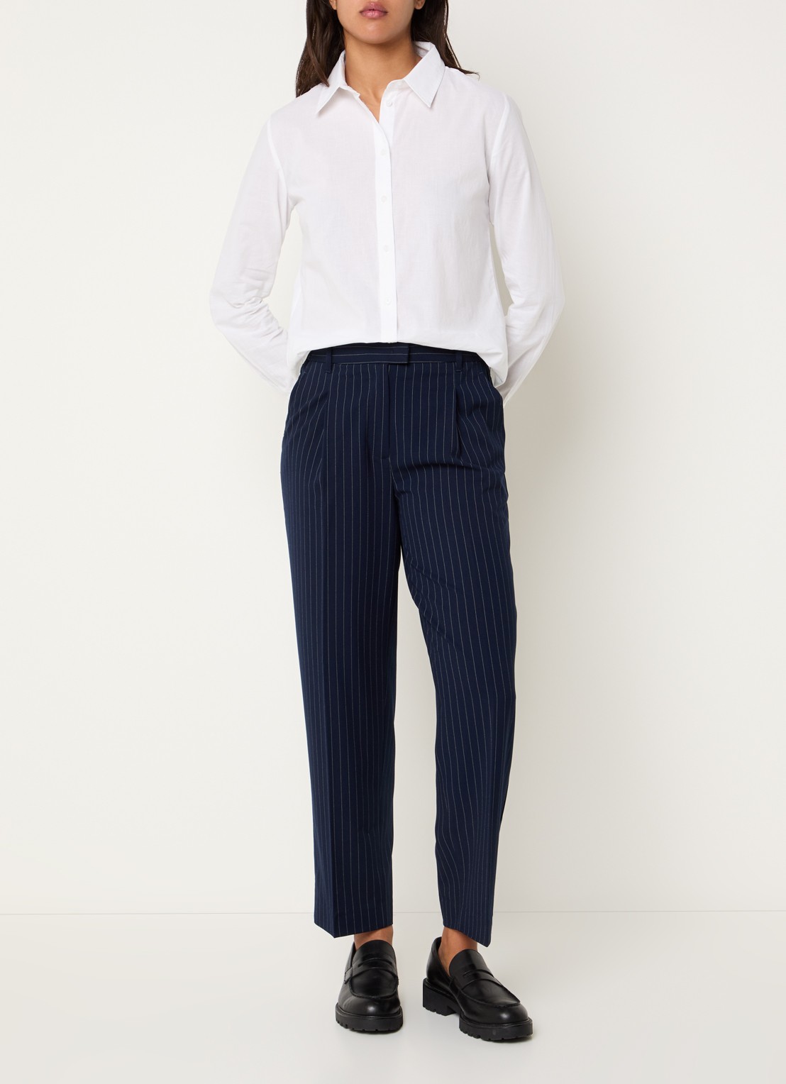 Benetton High waist cropped tapered fit pantalon met krijtstreep - voorkant 3 donkerblauw