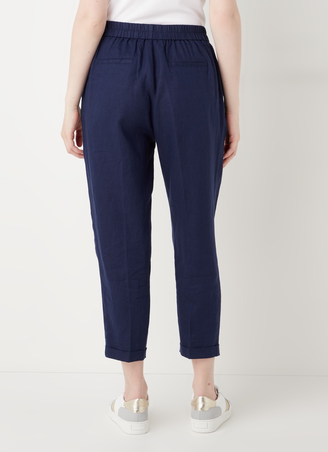 Benetton High waist cropped tapered fit pantalon van linnen  - achterkant blauw
