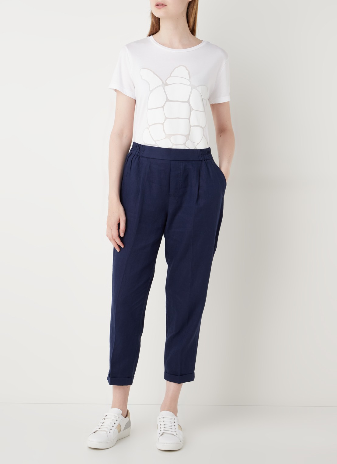 Benetton High waist cropped tapered fit pantalon van linnen  - voorkant 4 blauw