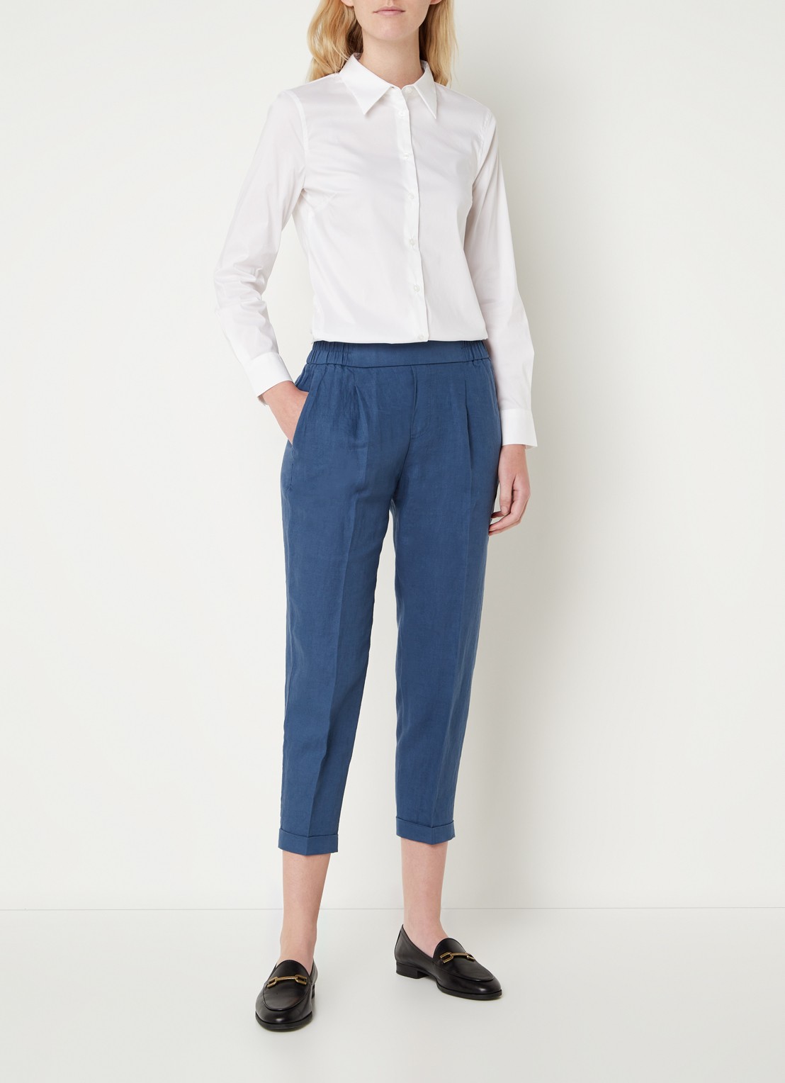 Benetton High waist cropped tapered fit pantalon van linnen  - voorkant 7 staalblauw