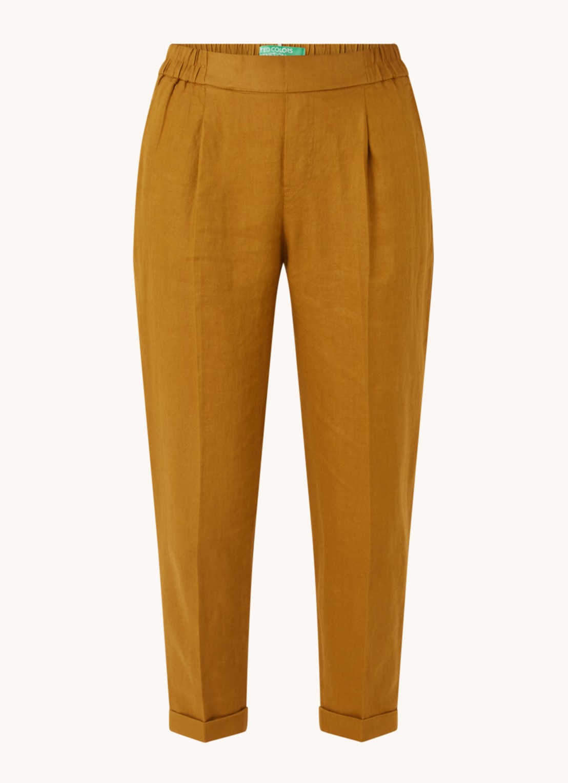 Benetton High waist cropped tapered fit pantalon van linnen  - voorkant 5 camel
