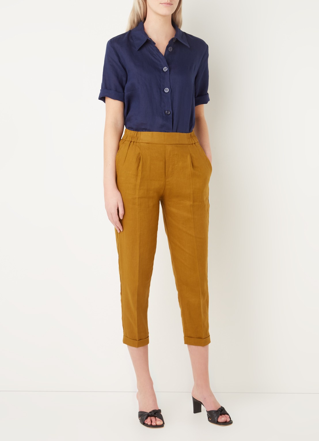 Benetton High waist cropped tapered fit pantalon van linnen  - voorkant 6 camel
