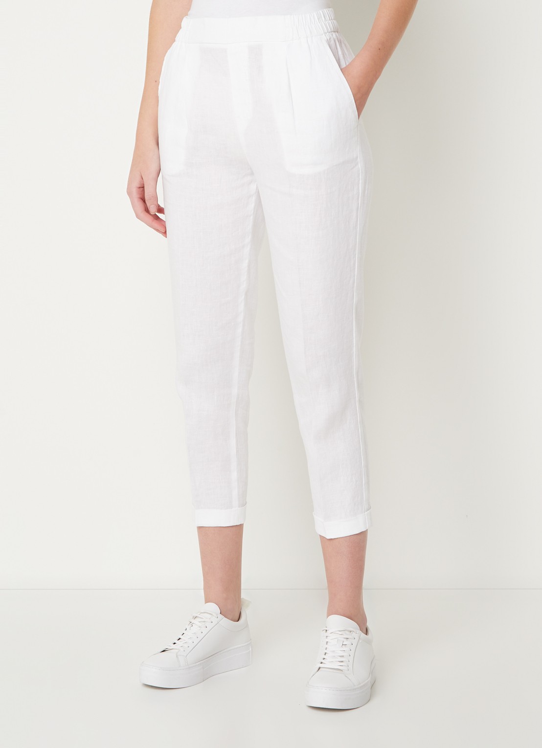 Benetton High waist cropped tapered fit pantalon van linnen  - detail gebroken wit