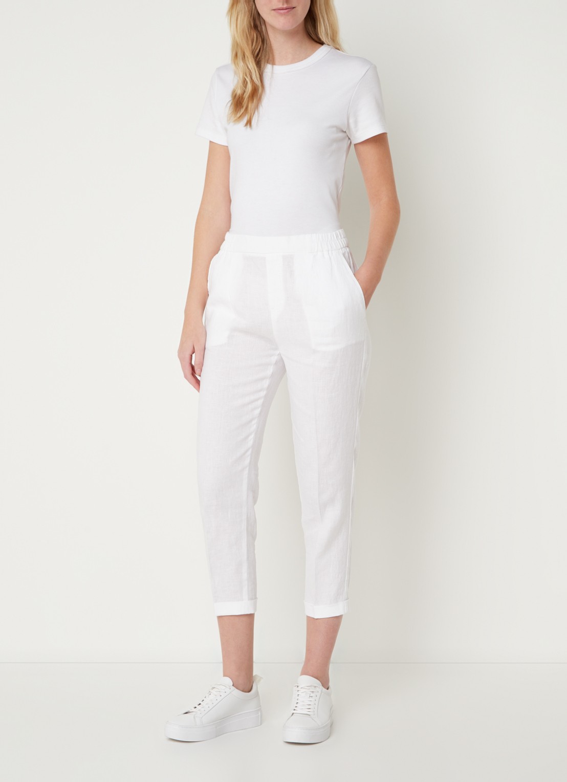 Benetton High waist cropped tapered fit pantalon van linnen  - voorkant 3 gebroken wit