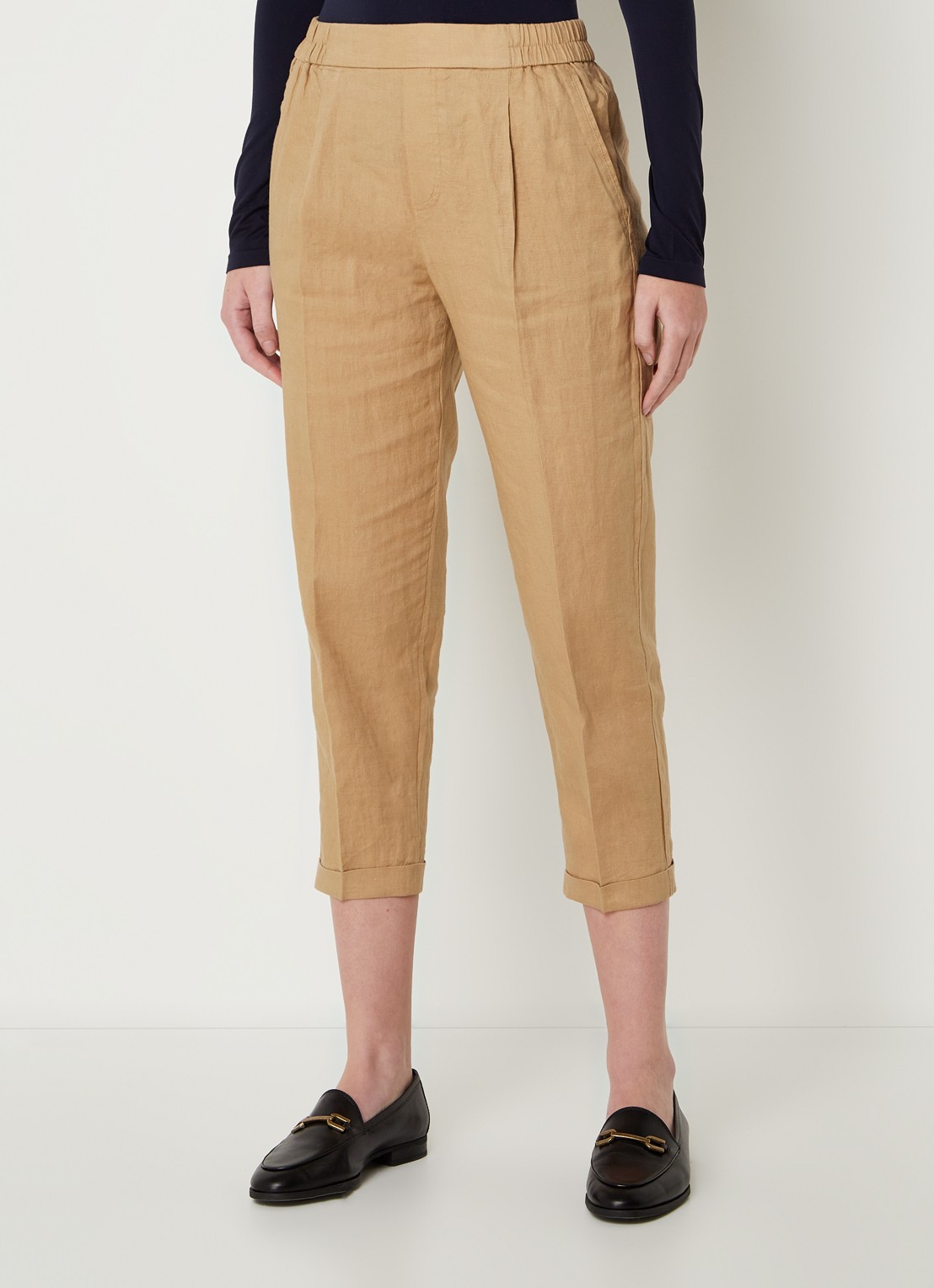 Benetton High waist cropped tapered fit pantalon van linnen  - detail 2 camel