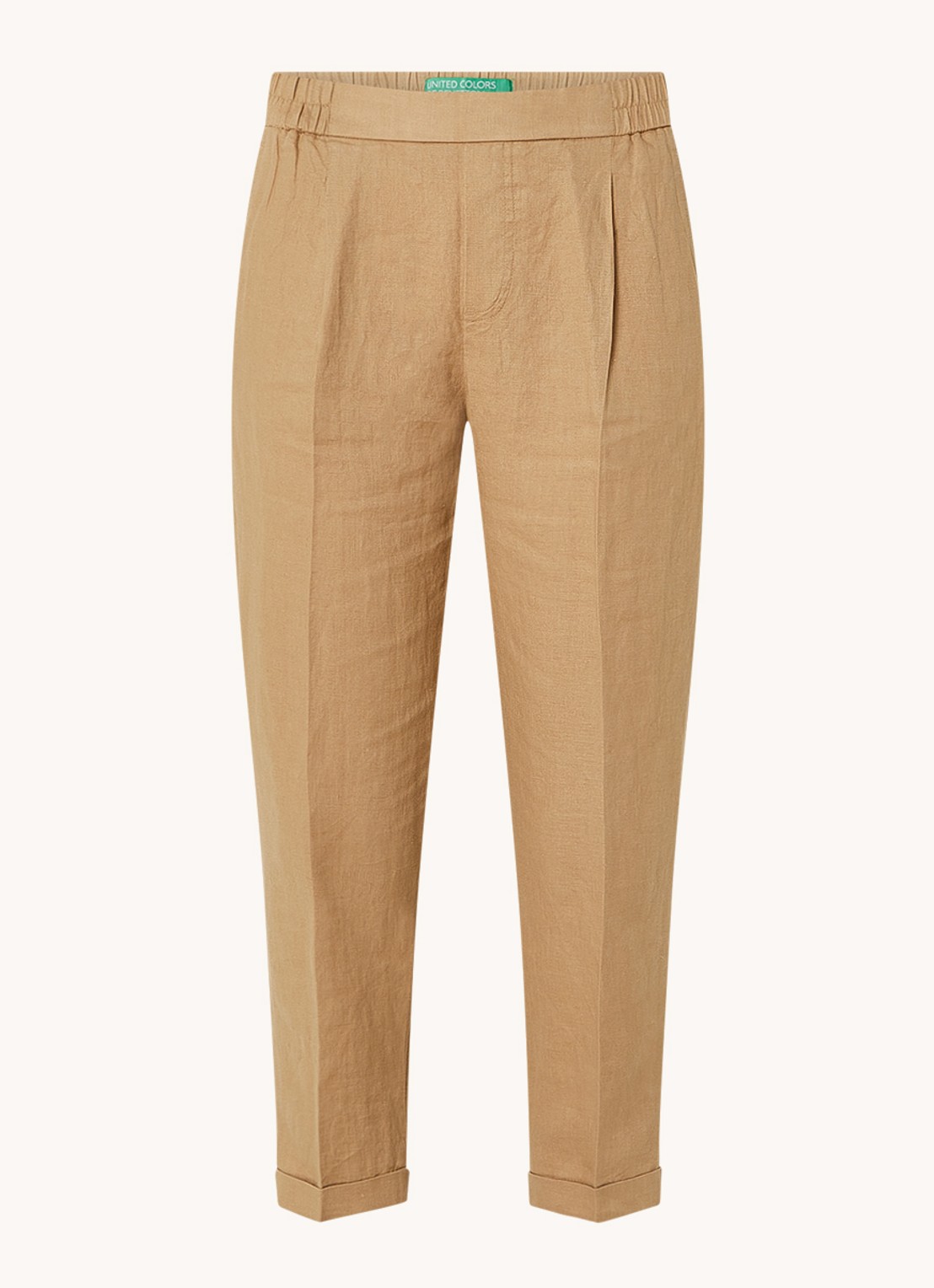 Benetton High waist cropped tapered fit pantalon van linnen  - voorkant 7 camel