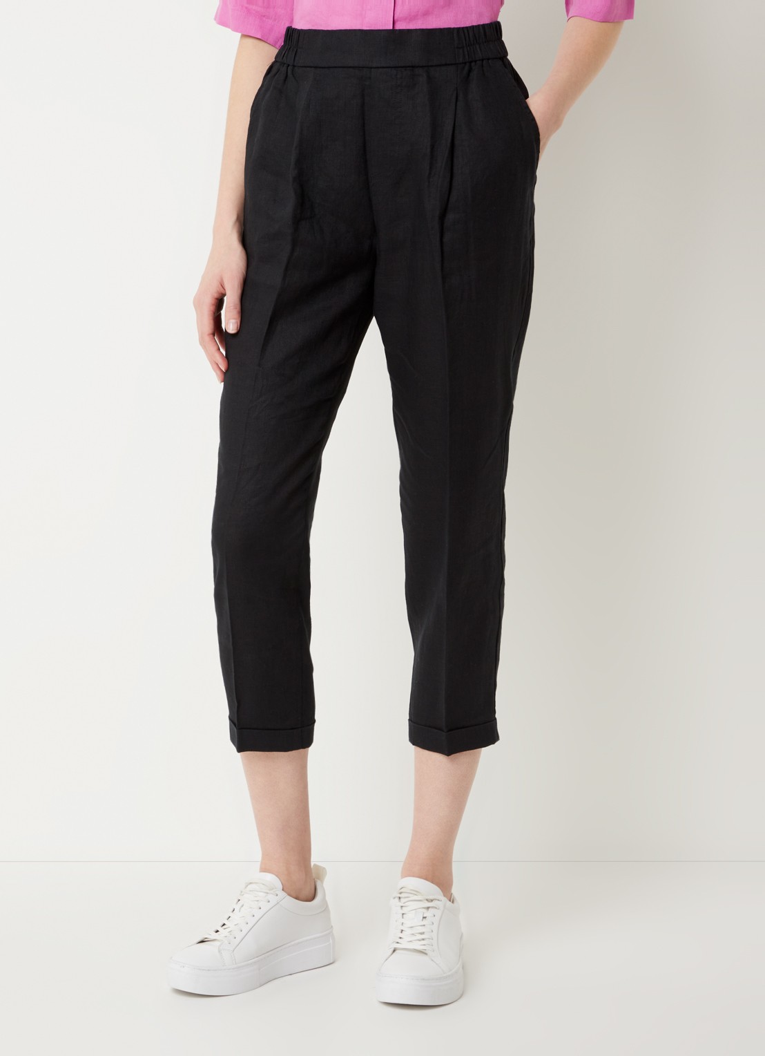 Benetton High waist cropped tapered fit pantalon van linnen  - detail zwart