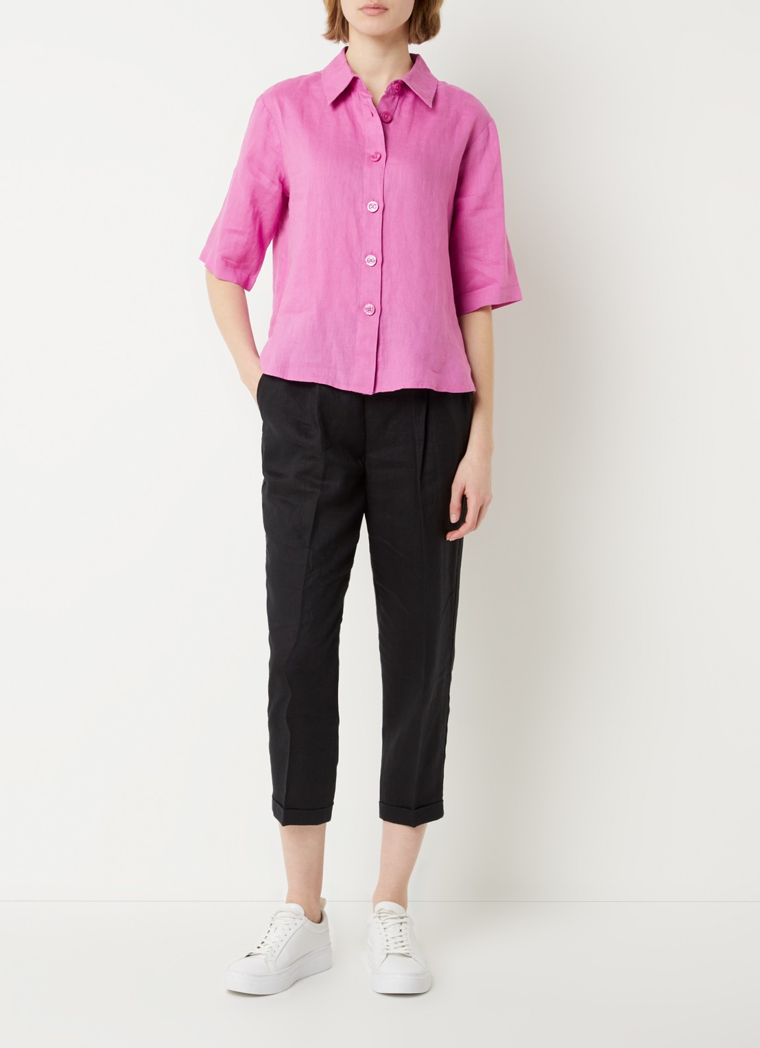 Benetton High waist cropped tapered fit pantalon van linnen  - voorkant 4 zwart