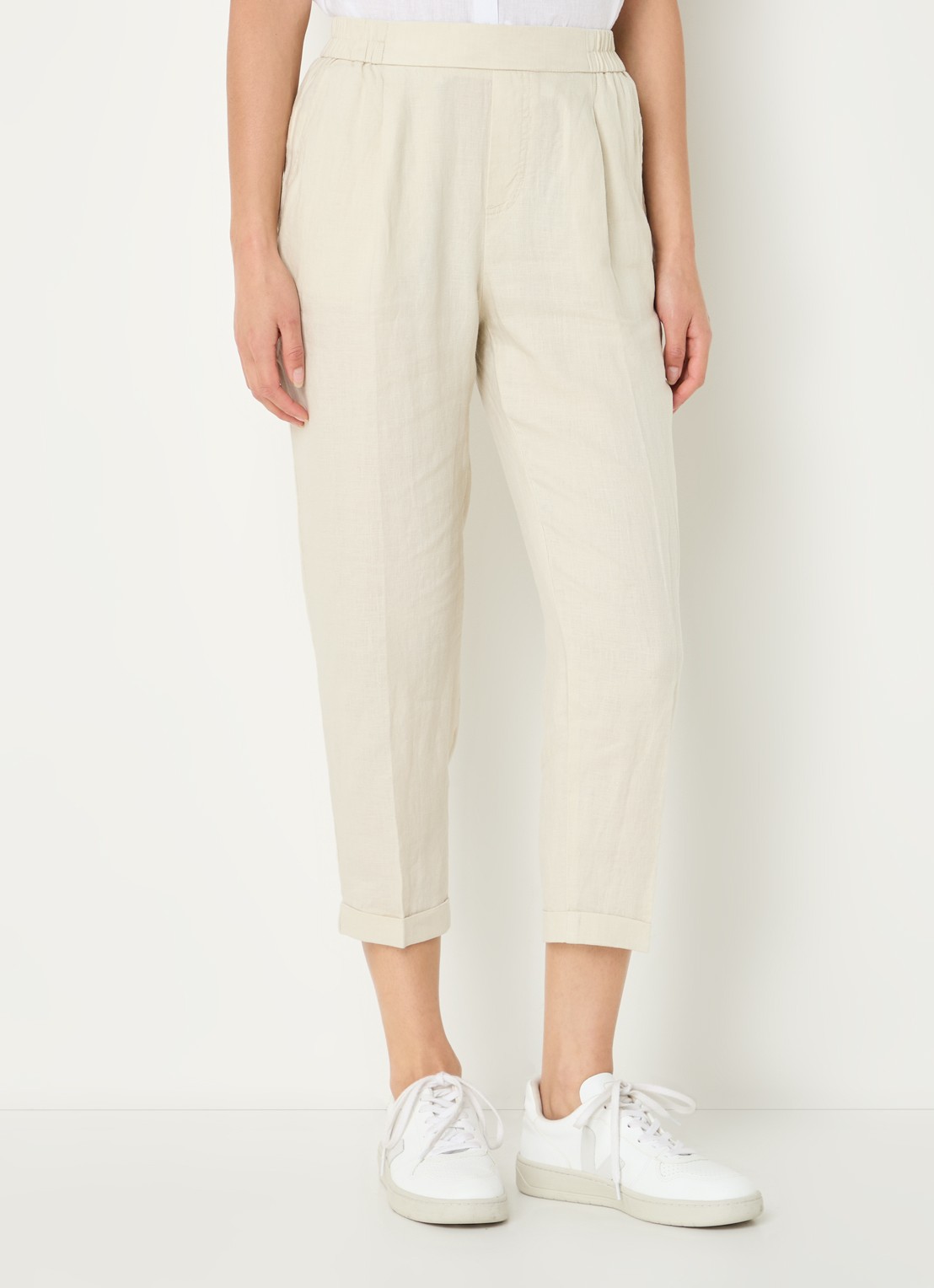 Benetton High waist cropped tapered fit pantalon van linnen  - detail zand