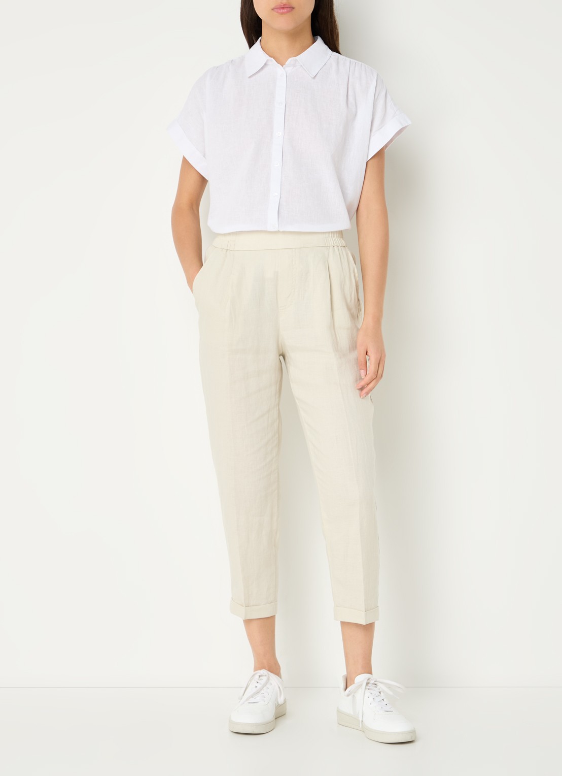 Benetton High waist cropped tapered fit pantalon van linnen  - voorkant 3 zand