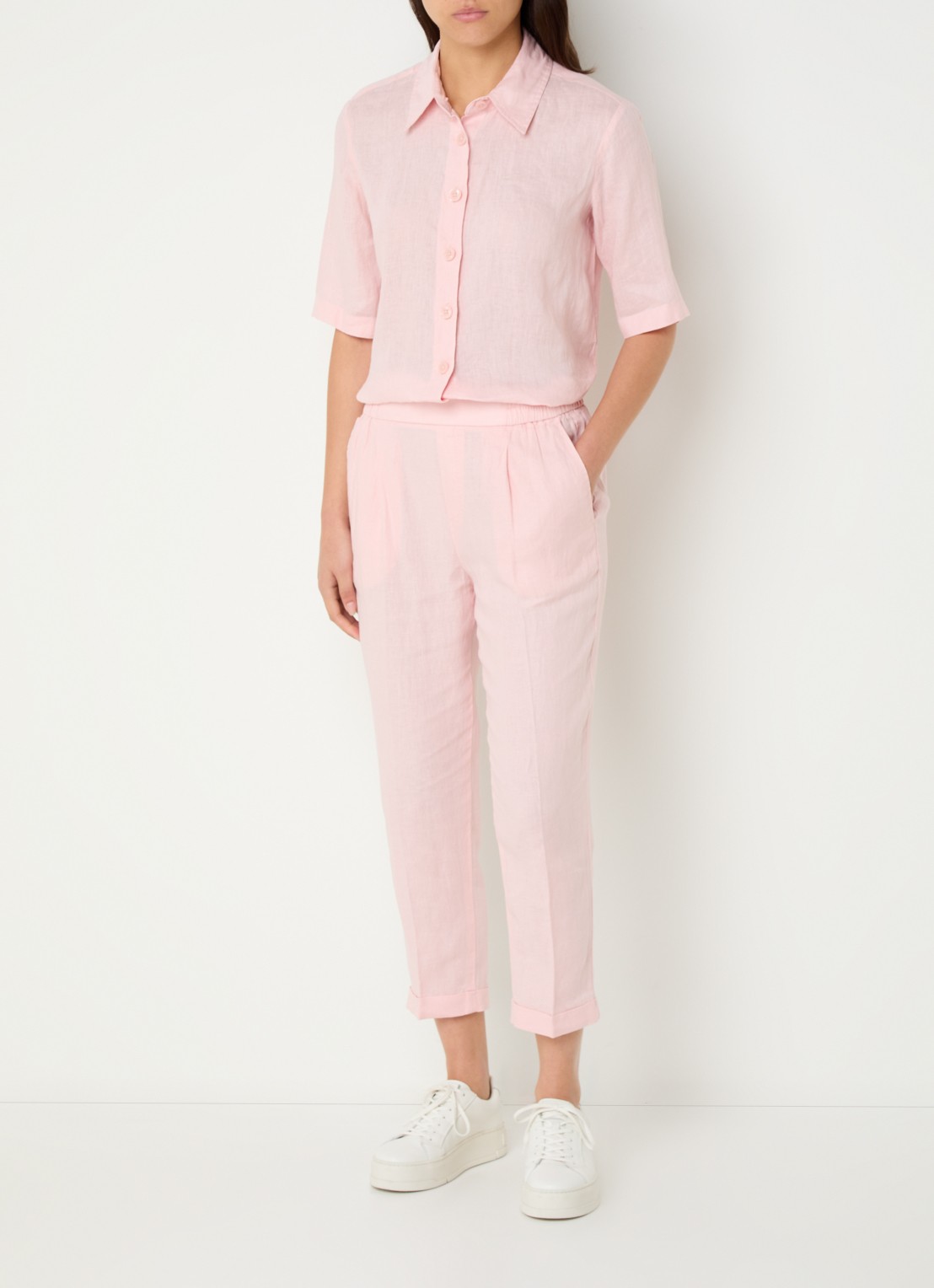 Benetton High waist cropped tapered fit pantalon van linnen  - voorkant 3 lichtroze