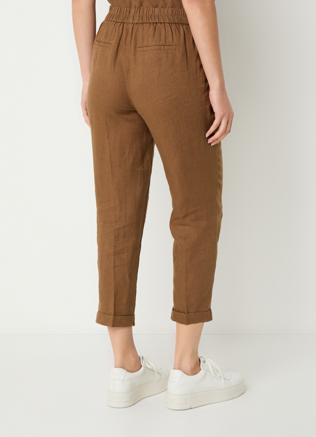 Benetton High waist cropped tapered fit pantalon van linnen  - achterkant 4 cognac