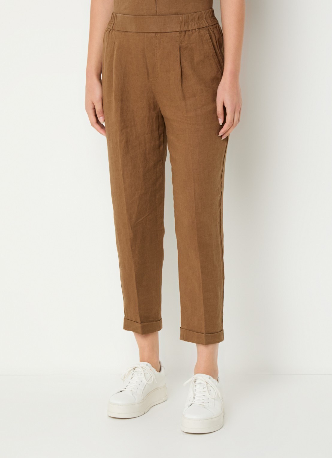 Benetton High waist cropped tapered fit pantalon van linnen  - detail cognac