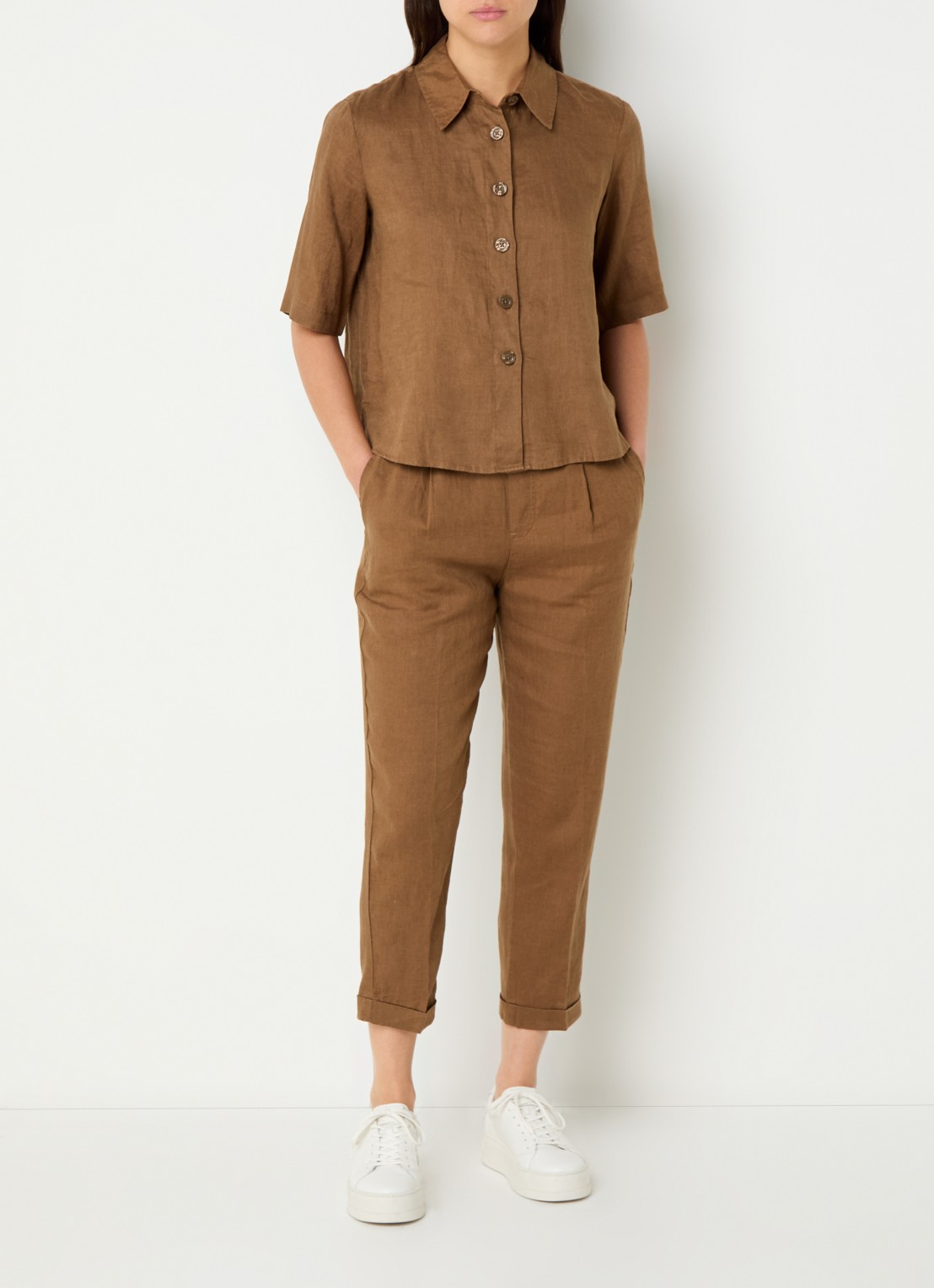 Benetton High waist cropped tapered fit pantalon van linnen  - voorkant 3 cognac